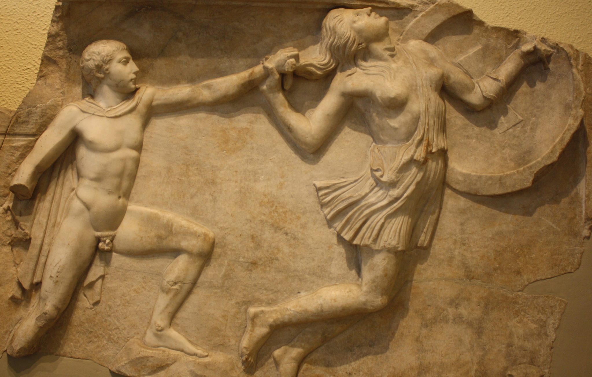 Amazonomachy: an Athenian pursuing an Amazon. 2nd c. CE. Image via.
