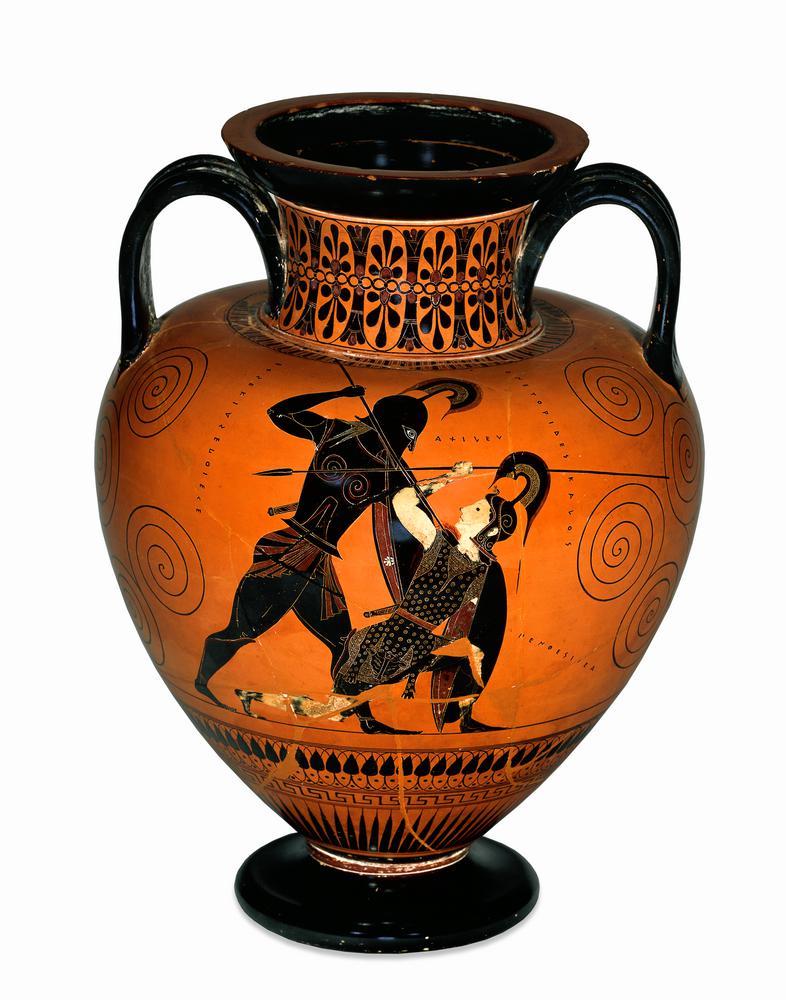 Achilles killing Penthesileia. Black-figure amphora, 530–525 BCE. Image via the British Museum