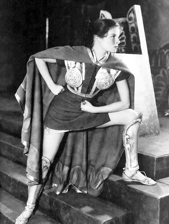 Katharine Hepburn in the 1932 Broadway production of The Warrior’s Husband. Image via.