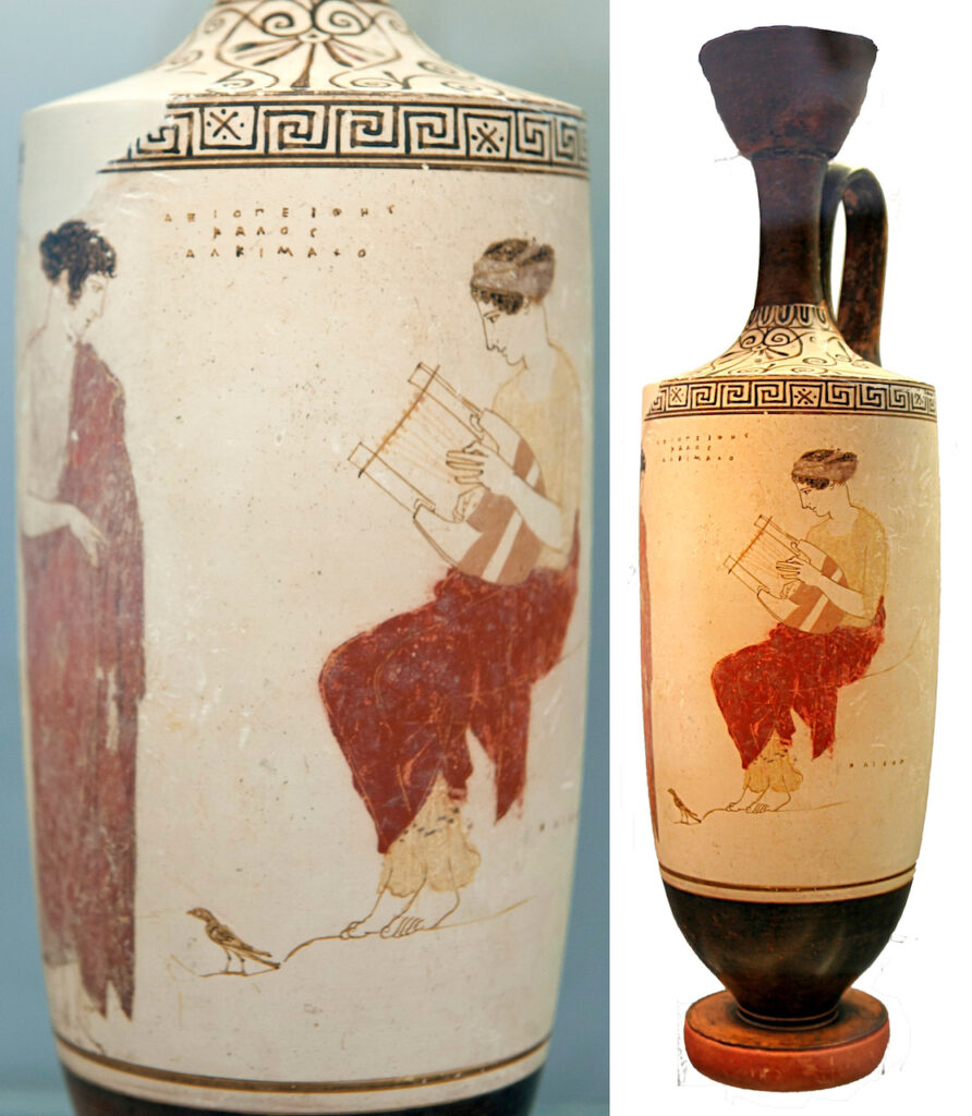 Attic white-ground lekythos, 440–430 BCE, by the Achilles Painter.