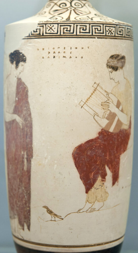 Attic white-ground lekythos, 440–430 BCE, by the Achilles Painter.